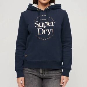 Superdry Navy Sherpa Hood Logo Hoodie Sweatshirt Cream Gold Size US 6 Small